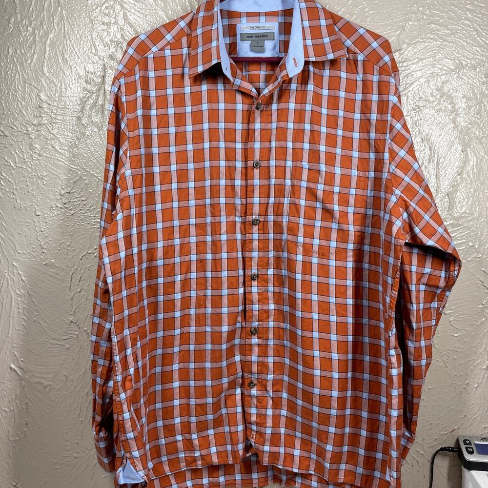 Johnston & Murphy Orange Long Sleeve Cotton Tailored‎ Fit Check Shirt Mens Large